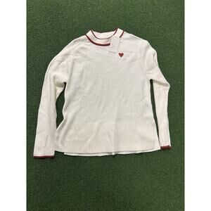 white and red "A New Day" women's ribbed crewneck sweater with a small red heart